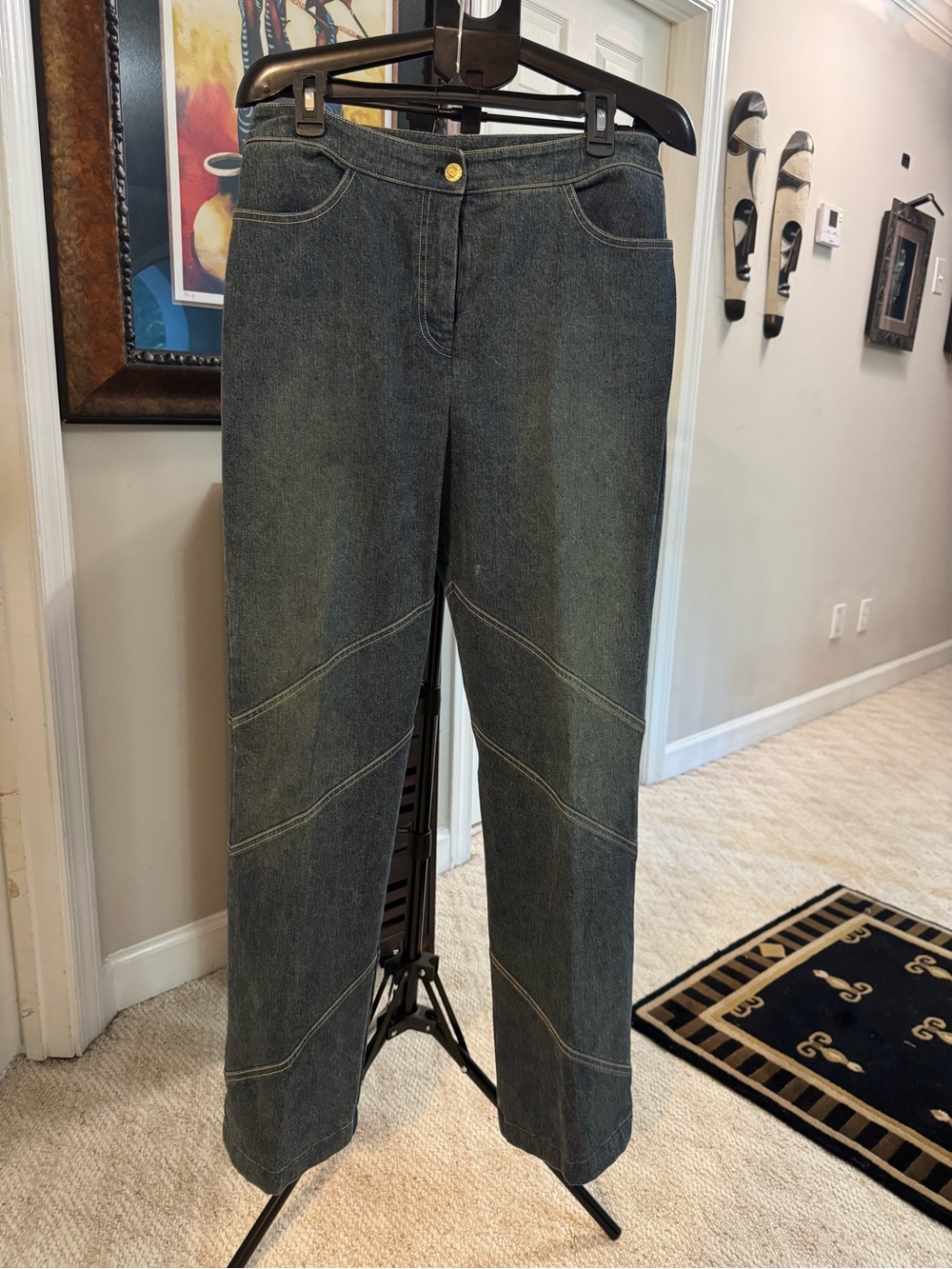 St. John Dark Denim Jacket and Jeans Golden Brown Fur Trim - Picture 3 of 4